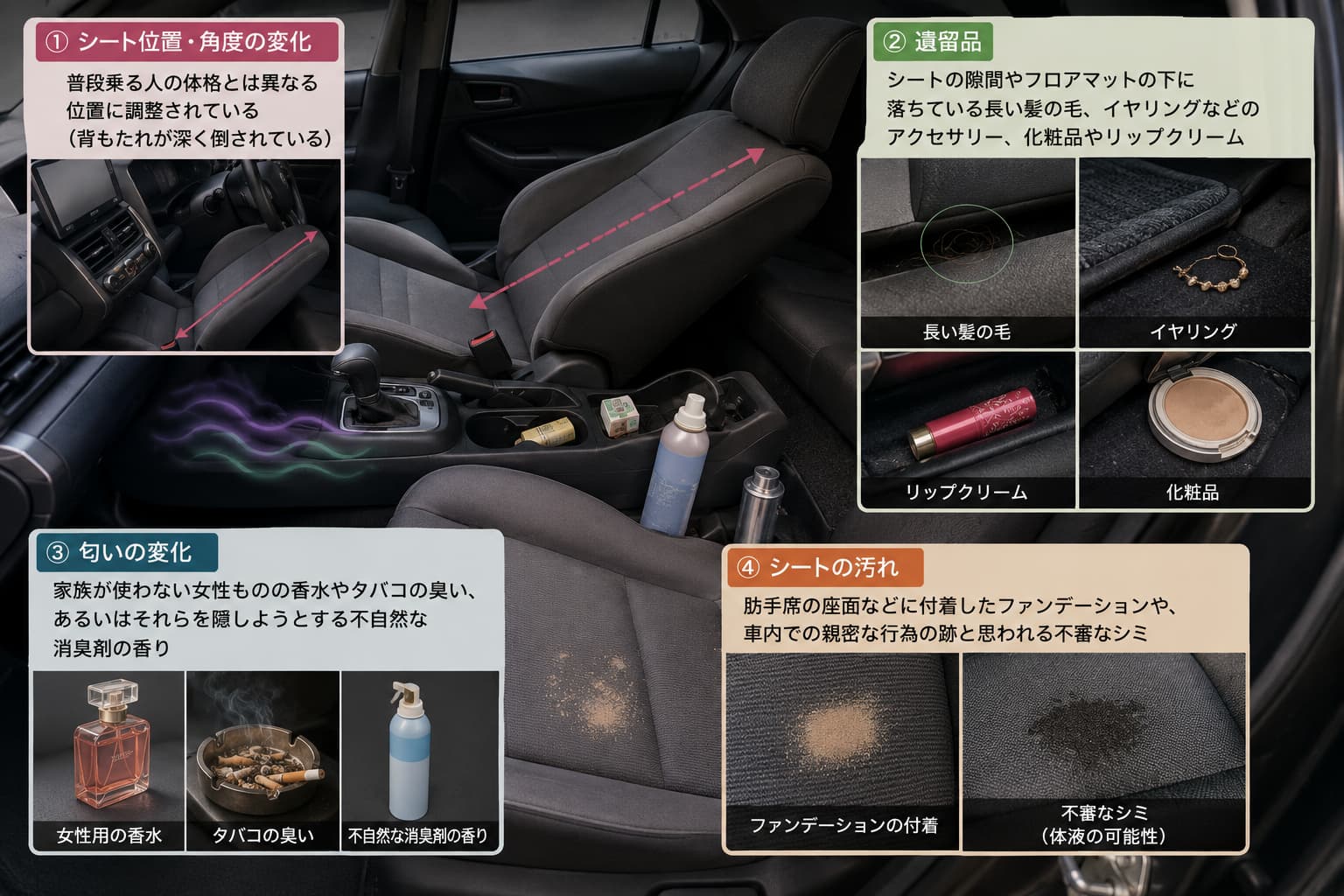 助手席やシートの位置・付着物に異変がある場合