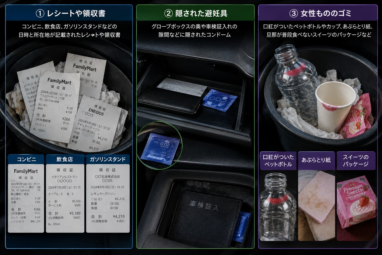 ゴミ箱やダッシュボードに怪しいレシートや私物がある場合